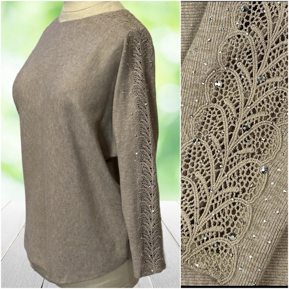 SIONI Sweater Crochet Lace Sleeve Rhinestone Embellished Glam Sparkle Taupe Sz M